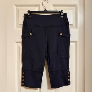 Halara Black Capri Pants with Gold Button Accents